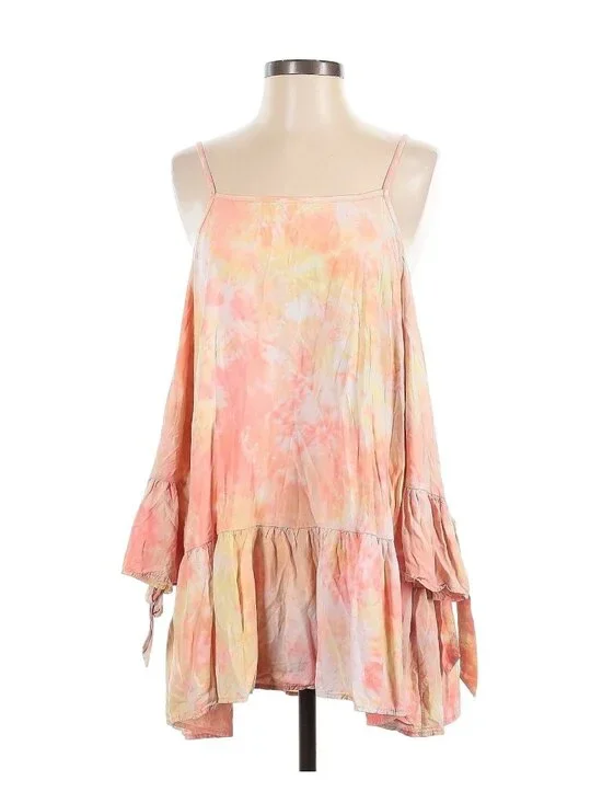 Tie-Dye Ruffle Hem Mini Dress Tunic S | Boho Festival Wanderlust Coastal Cowgirl - Picture 2 of 6